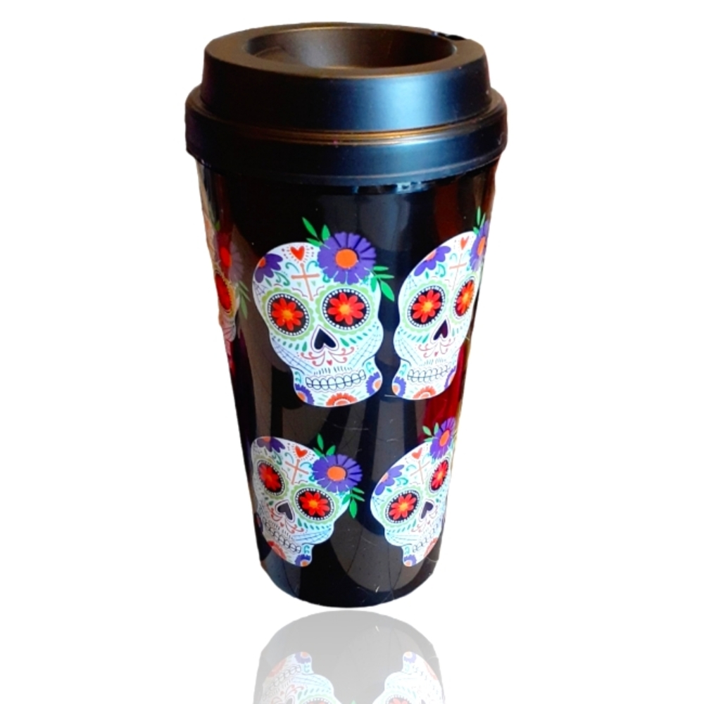 GROOVY GLAM Day of the Dead Sugar Skull Black Travel Tumbler with Lid